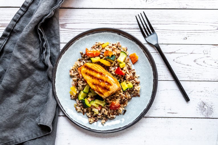 Roasted salmon with rice and vegetables